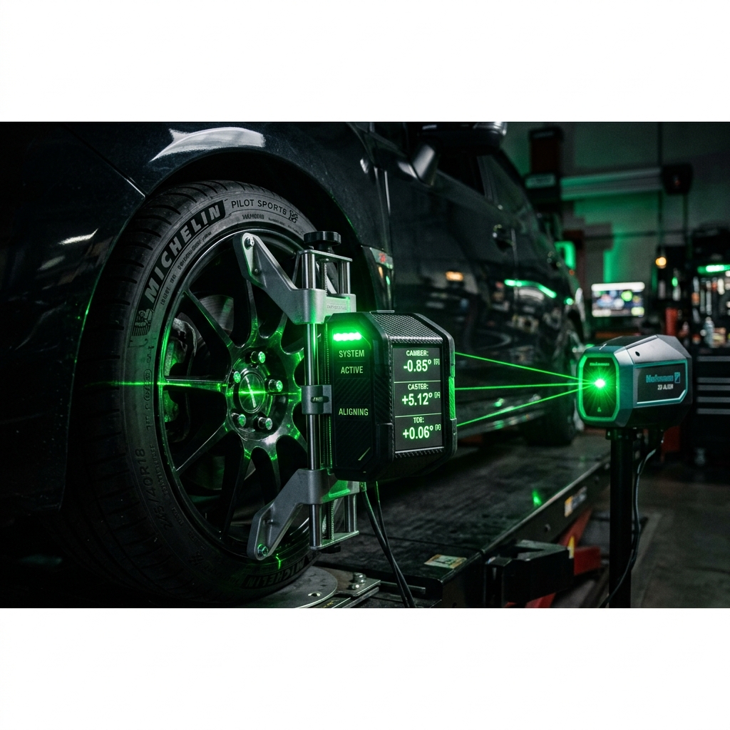 Equipamento de alinhamento 3D de última geração realizando medição em roda de veículo